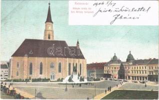 1906 Kolozsvár, Cluj; Mátyás király tér, Szent Mihály templom, Mátyás király szobor / square, church, monument, statue