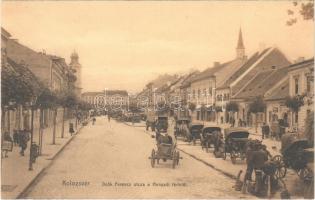 Kolozsvár, Cluj; Deák Ferenc utca a Hunyadi tér felől, üzletek, lovaskocsik. Stief kiadása / street view, shops, horse-drawn carriages