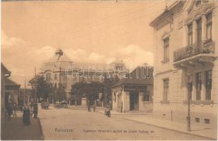 Kolozsvár, Cluj; Egyetemi könyvtári épület és Szent György tér, Rónai J. fehérnemű tisztító intézete, üzlet. Stief kiadása / street view, university library, shops