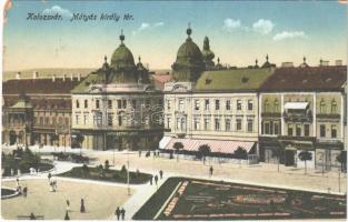 1916 Kolozsvár, Cluj; Mátyás király tér, Erdélyi Bank, Haraszthy Jenő üzlete, drogéria / square, bank, shops, drugstore (EM)