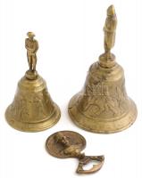 Réz csengő és sörnyitó 3 db Napoleon figurákkal díszítve. 13 cm, 17 cm