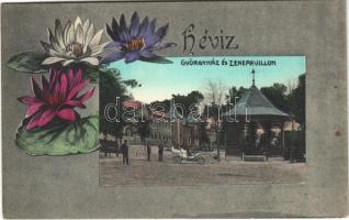 1908 Hévíz, Györgyház és zenepavilon, automobil. Art Nouveau, lótuszvirág, Mérei Ignác kiadása 591. sz.