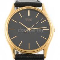 Seiko kvarc férfi karóra. Fekete számlapos, bőr szíjjal. elem nélkül. d: 32 mm
