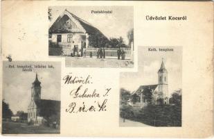 1905 Kocs, postahivatal, Katolikus templom, Református templom, lelkész lak és iskola (EK)