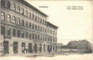 Budapest IX. Gróf Haller utca, Burger József vendéglője, Wendl Miklós, Gayer Ádám, üzletei, Grünhut Albert sütödéje, dohánytőzsde. Alszeghy Antal kiadása (EK)