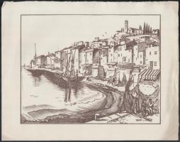 Vadász Endre (1901-1944): Itáliai vízparti város. Fametszet, papír, jelzés nélkül, lap alján apró szakadásokkal, 19x25 cm