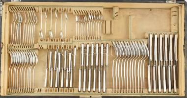 Ezüst (Ag) evőeszköz készlet.12 személyes, sok részes. komplett, díszdobozzal, üvegbetétes fűszertar...