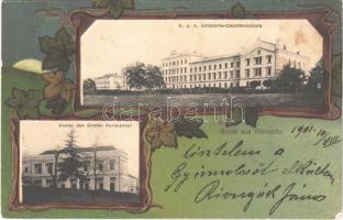 1901 Kamanc, Kamenitz, Sremska Kamenice (Újvidék, Novi Sad); K.u.K. Infanterie-Cadettenschule, Kastel des Grafen Karácsanyi / Osztrák-magyar gyalogsági kadétiskola, Gróf Karácsonyi kastély. J. Singer Hofphotograph. Szecessziós litho keret / K.u.K. military infantry cadet barracks, castle. Art Nouveau litho frame (EK)