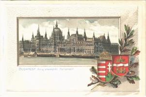 Budapest V. Országház, Parlament. Szecessziós dombornyomott képeslap magyar címerrel, Art Nouveau, Emb. litho (Rb)