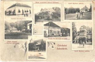 1910 Zabola, Zabala; Községháza, Bene uradalmi intéző lakháza, Gróf Mikes kastély és palota, park részlet a Mikes udvarból, Posta és távirda hivatal, Református templom. Papp Ferenc fényképész kiadása / manor villa, castle and palace, park, post and telegraph office, Calvinist church. Art Nouveau, floral (Rb)