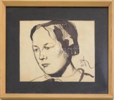 Olvashatatlan jelzéssel: Női portré, 1921. Tus, papír, üvegezett keretben. 16x19,5 cm