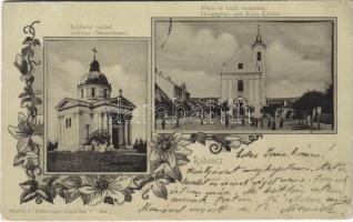 1903 Rohonc, Rechnitz, Rohunac; Fő tér, katolikus templom, Szájbely család sírhelye. Heitler F. kizárólagos tulajdona / Hauptplatz, Kath. Kirche, Mausoleum / main square, church, mausoleum. Art Nouveau, floral  (EK)