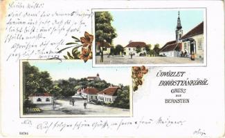 1907 Borostyánkő, Bernstein; Platz, Kirche / tér, templom / square, church. Art Nouveau, floral