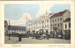 1912 Temesvár, Timisoara; Gyárváros, Kossuth tér, piac, Marokkaner szálloda, Constantin Czaran, Löffler Jakab, Blau és Brück Salamon üzlete / Fabrica, square, market, shops, hotel