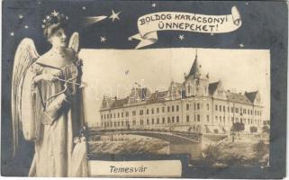 1911 Temesvár, Timisoara; Arany Horgony palota és kávéház. Boldog karácsonyi ünnepeket! Szecessziós montázs anygallal / palace and cafe. Art Nouveau Christmas montage with angel