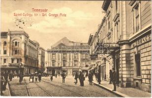 1914 Temesvár, Timisoara; Szent György tér, szálloda és sörcsarnok, Dr. Aldor Gyula fogorvos rendelője, Gresham, Szeibert Péter és Farber Miksa üzlete, Adria, Gőzmosóintézet / square, hotel, beer hall, dentist, shops