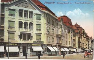 Temesvár, Timisoara; Ferenc József út, Krayer József, üzlete, Pallas Bútorszövetkezet, automobil / street, shops, automobile (Rb)