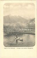 1909 Királykő-hegység, Piatra Craiului; Nagy és Kis Királykő, csónakban álló férfi. Michael Bloosz / Grosser und Kleiner Königstein / lake, boat