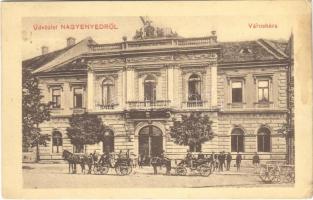 Nagyenyed, Aiud; városháza, lovaskocsik. Cirner I. József kiadása / town hall, horse carts (Rb)