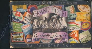 Grand Hotel Borhegyi újdonság. Borhegyi F. Rt. prospektusa, benne koktél receptekkel. Bp., Szirmai-ny., 6 sztl. lev. Fűzött haránt-alakú papírkötés, illusztrált borítóval (Bp. Klösz-ny.), 14x23,5 cm