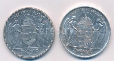 1930. 5P "Horthy Jobbra" Ag + 1939. 5P Ag "Horthy balra" T:2-,1- Adamo P8, P8.2