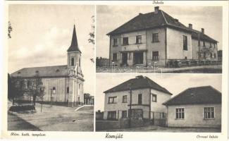 Komját, Komjatice; iskola, orvosi lakás, római katolikus templom. Menczel Miksa kiadása / school, doctor's house, church  (EK)