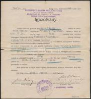 1922 Bucaresti Magyar Királyi Követség Utlevél Kirendeltségének igazolványa, pecséttel, aláírással.