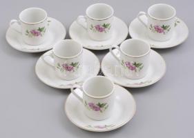 Kínai virágmintás porcelán kávés készlet, 6 személyes, matricás, jelzés nélkül, egy alátéten kisebb repedés, m: 5 cm. d: 11,5 cm