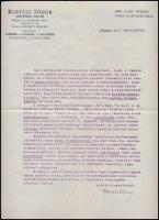 1914 Kertész Tódor Műiparárú Raktárának fejléces papírja, benne tenisz és sportcikkekről szóló gépel...