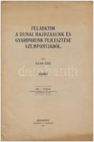 Egan Ede: Feladatok a dunai hajózásunk és gyáriparunk fejlesztése számpontjából. Bp., 1915, Szerző, (Hornyánszky Viktor-ny.), 1 t.+16 p. Kiadói papírkötés, kérelemmel, utalvánnyal.