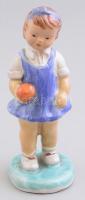 Kislány kerámia figura, mázas, kézzel festett, jelzés nélkül, a lábain repedésekkel, m: 14 cm