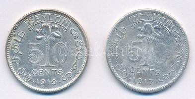 Ceylon 1917-1919B 50c Ag (2xklf) T:2- Ceylon 1917-1919B 50 Cents Ag (2xdiff) C:VF Krause KM# 109, 109a