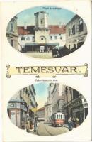 1916 Temesvár, Timisoara; Tüzér kaszárnya, Takarékpénztár utca, villamos, Vendéglő az arany lovaghoz, kakastollas csendőr / military artillery barracks, savings bank, tram, restaurant, gendarme / Gasthaus zum Goldenen Rössel (EB)