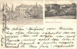 1901 Léva, Levice; Főgimnázium, látkép, vár. Nyitrai és Társa kiadása / grammar school, general view, castle ruins (fl)