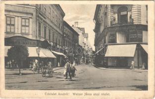 1916 Arad, Weitzer János utcai részlet, Központi Divatáruház, Schwarcz Zsigmond és Radó Gyula üzlete / street, shops (EK)