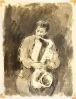 Gyémánt László (1935-): Jazz szaxofonos. Lavírozott tus, papír, jelzett, 31×21 cm