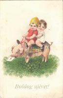 1928 Boldog újévet! Malacon lovagló gyerekek / New Year greeting, children riding a pig. Nr. 8163. litho (EK)