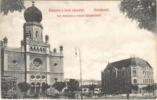 1910 Kecskemét, Izraelita templom, zsinagóga, városi bérpalota. Politzer Sándor kiadása (EK)