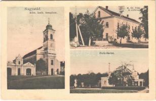 1935 Nagyatád, Római katolikus templom, Tűzoltószertár, M. kir. Posta és adóhivatal, Park. Grasselly László kiadása (fa)