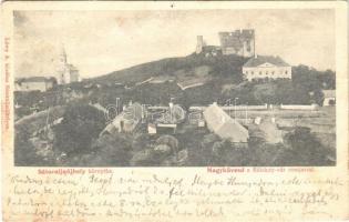 1906 Nagykövesd, Velky Kamenec; Sátoraljaújhely környéke, Rákóczi vár, Fischer kastély. Lövy A. kiadása / castle ruins, castle (lyuk / pinhole)