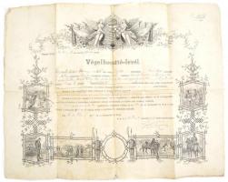 1890 Díszes, gazdagon illusztrált, címeres katonai végelbocsátó-levél a m. kir. szabadkai 6.-ik honvéd gyalogezredtől, ezrendparancsnok aláírásával, bélyegzővel. Kissé foltos. Lapon apró szakadásokkal és sérülésekkel. 41,5x53 cm