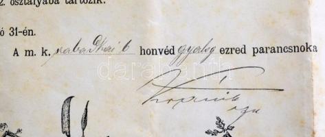 1890 Díszes, gazdagon illusztrált, címeres katonai végelbocsátó-levél a m. kir. szabadkai 6.-ik honv...