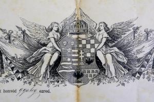 1890 Díszes, gazdagon illusztrált, címeres katonai végelbocsátó-levél a m. kir. szabadkai 6.-ik honv...