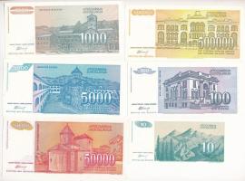 Jugoszlávia 1994. 10D sorszám nélkül + 100D sorszám nélkül + 1000D + 5000D + 50.000D + 500.000D T:I
...