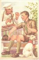 A cserkész takarékos. Cserkész levelezőlapok kiadóhivatala / Hungarian boy scout art postcard s: Márton L.