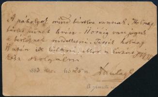 1883 Paulay Ede (1836-1894) színész, a Nemzeti Színház igazgatójának autográf sorai igazgatói kártyáján. Sarkán az írást érintő hiánnyal. 10x6,5 cm