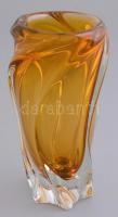 Csavart sárga üveg váza. Formába öntött, anyagában színezett, alján kis lepattanással. m: 15,5 cm
