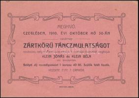 1910 Cegléd, Klein Jónás és Klein Béla okleveles tánctanítók meghívója zártkörű táncmulatságra