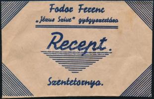 Fodor Ferenc "Jézus Szíve" gyógyszertárának receptborítékja, Szentetornya