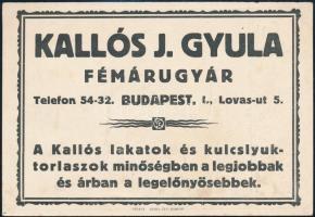 Kallós J. Gyula Fémárugyárának reklámlapja mutatós grafikával illusztrálva